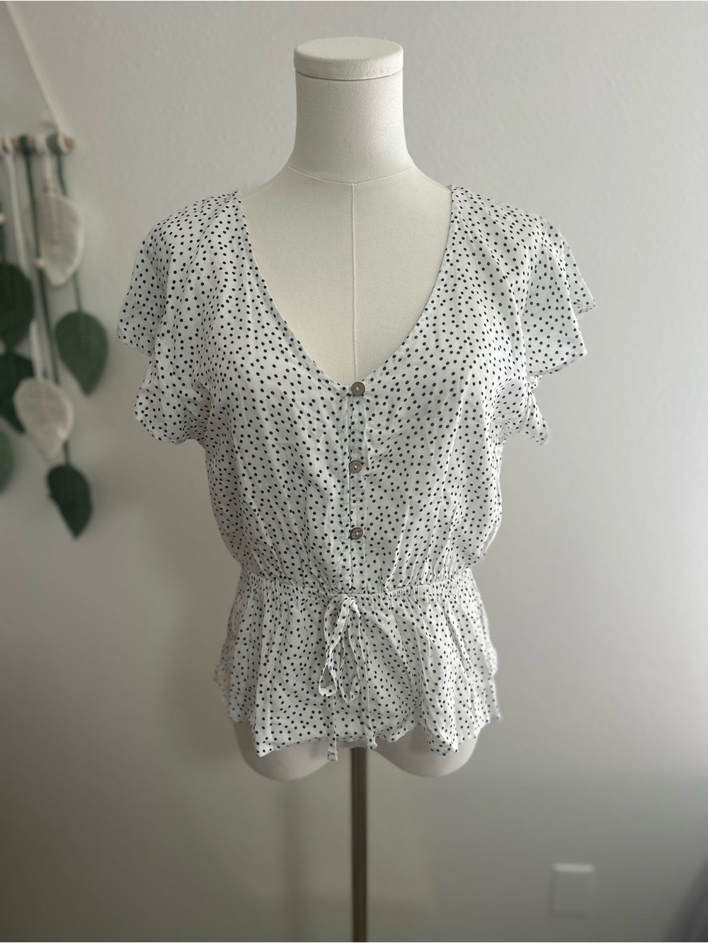 one clothing White and Black Polka Dot Buttoned Peplum Blouse